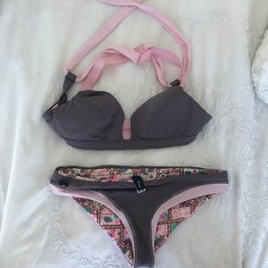 Maaji two piece grey and pink cross cross bikini